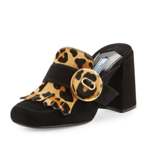 Prada Leopard-Print Fringed Loafer Mule Shoes 38 - Picture 1 of 4